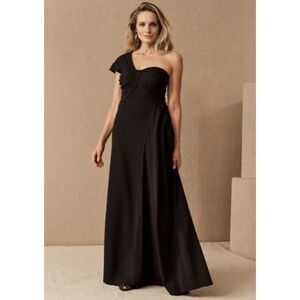 BHLDN Tadashi Shoji Ayelet One Shoulder Gown Size Large Black Draped Train